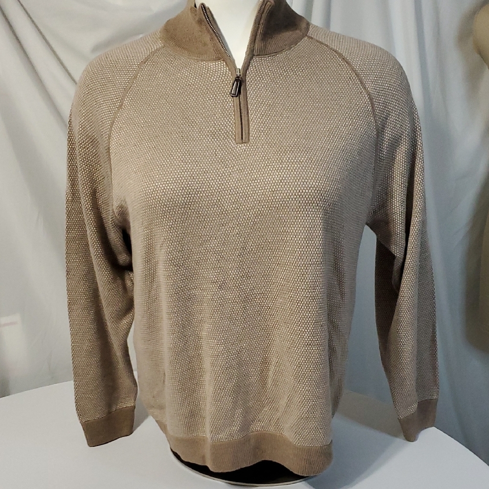 Tahari NWT Wool Blend Soft Men's Tan/Ivory Quarter Zip-Up Sweater Sz XL
